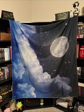 Moon and Clouds Tapestry Wall Hanging in Navy and Sky Blue